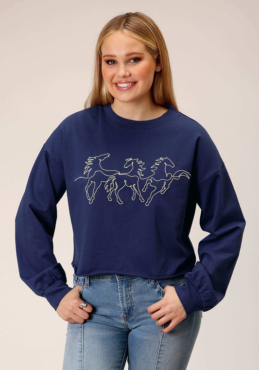 Roper Womens Long Sleeve Knit Navy Blue French Terry Top - Roper - Flyclothing LLC
