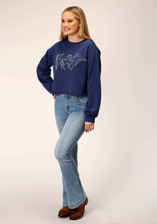 Roper Womens Long Sleeve Knit Navy Blue French Terry Top - Roper - Flyclothing LLC