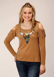 Roper Womens Long Sleeve Knit Tabacco Brown Poly Rayon Jersey Top - Roper - Flyclothing LLC