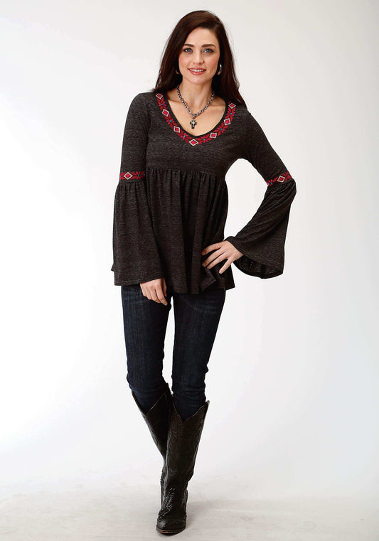 Roper Womens Grey Solid With Embroidery Long Sleeve Knit Top - Roper - Flyclothing LLC