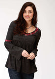 Roper Womens Grey Solid With Embroidery Long Sleeve Knit Top - Roper - Flyclothing LLC