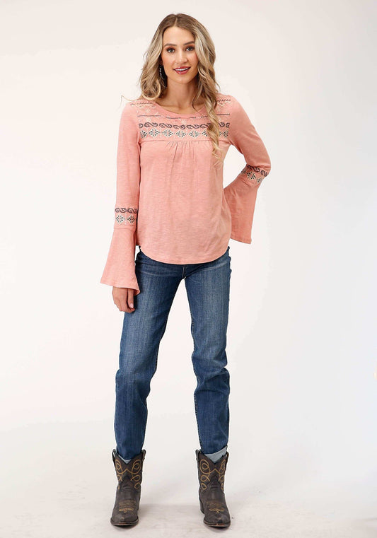 Roper Womens Long Sleeve Knit Light Pink Slub Knit Jersey Top - Roper - Flyclothing LLC