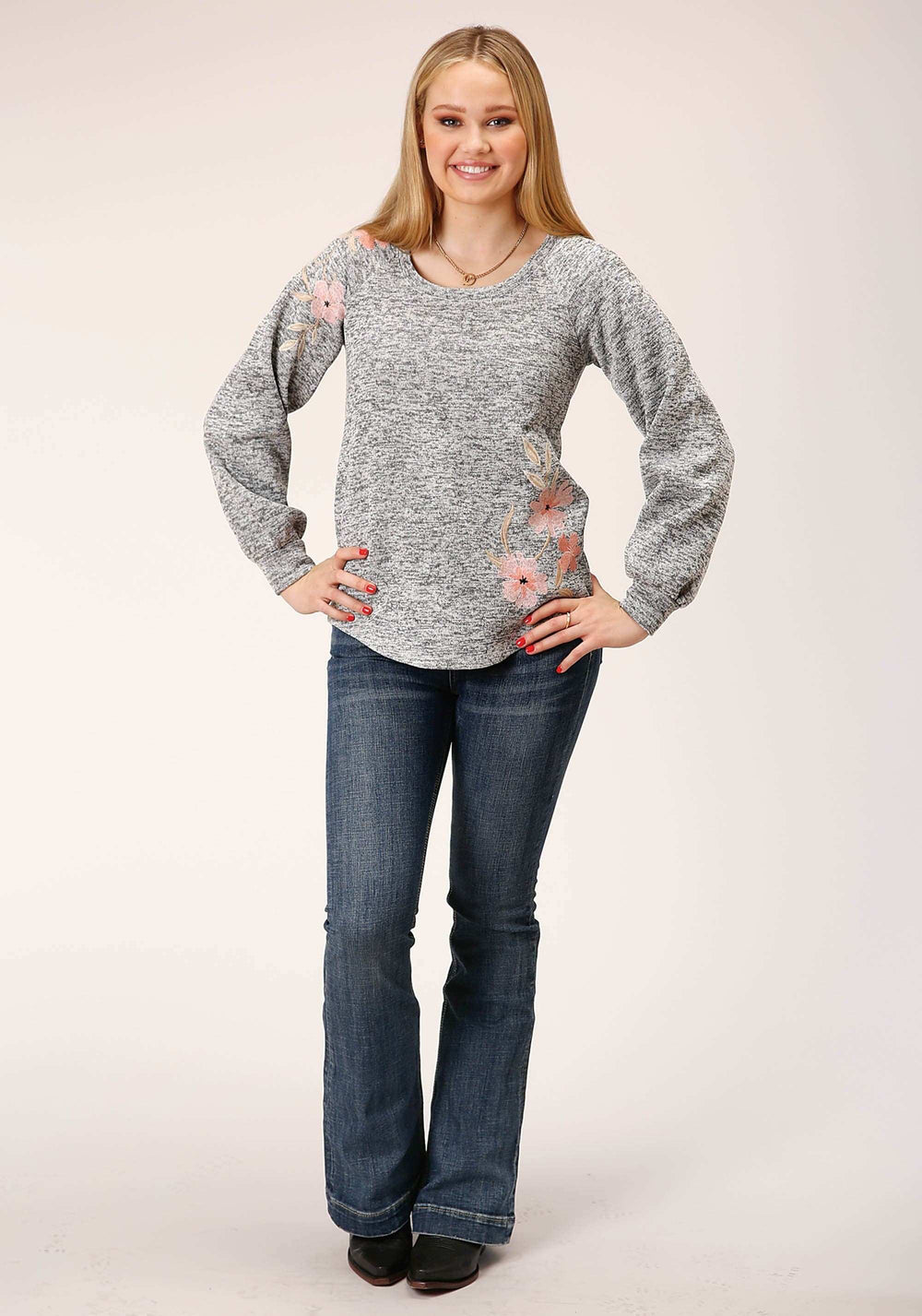 Roper WOMENS LONG SLEEVE KNIT POLAR FLEECE SPACE DYE GREY TOP - Roper - Flyclothing LLC