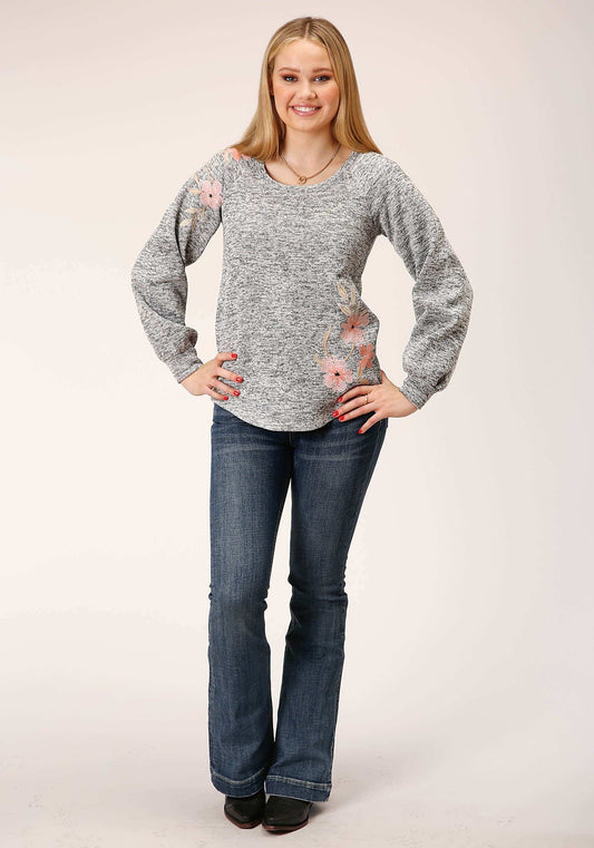 Roper WOMENS LONG SLEEVE KNIT POLAR FLEECE SPACE DYE GREY TOP - Roper - Flyclothing LLC