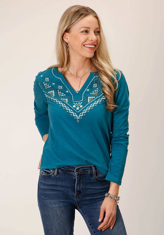 Roper Womens Long Sleeve Knit Cotton Slub Jersey Tee Shirt Top - Roper - Flyclothing LLC