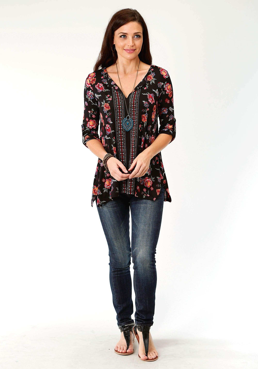 Roper Womens Black Ground Floral Print Long Sleeve Knit Top - Roper - Flyclothing LLC