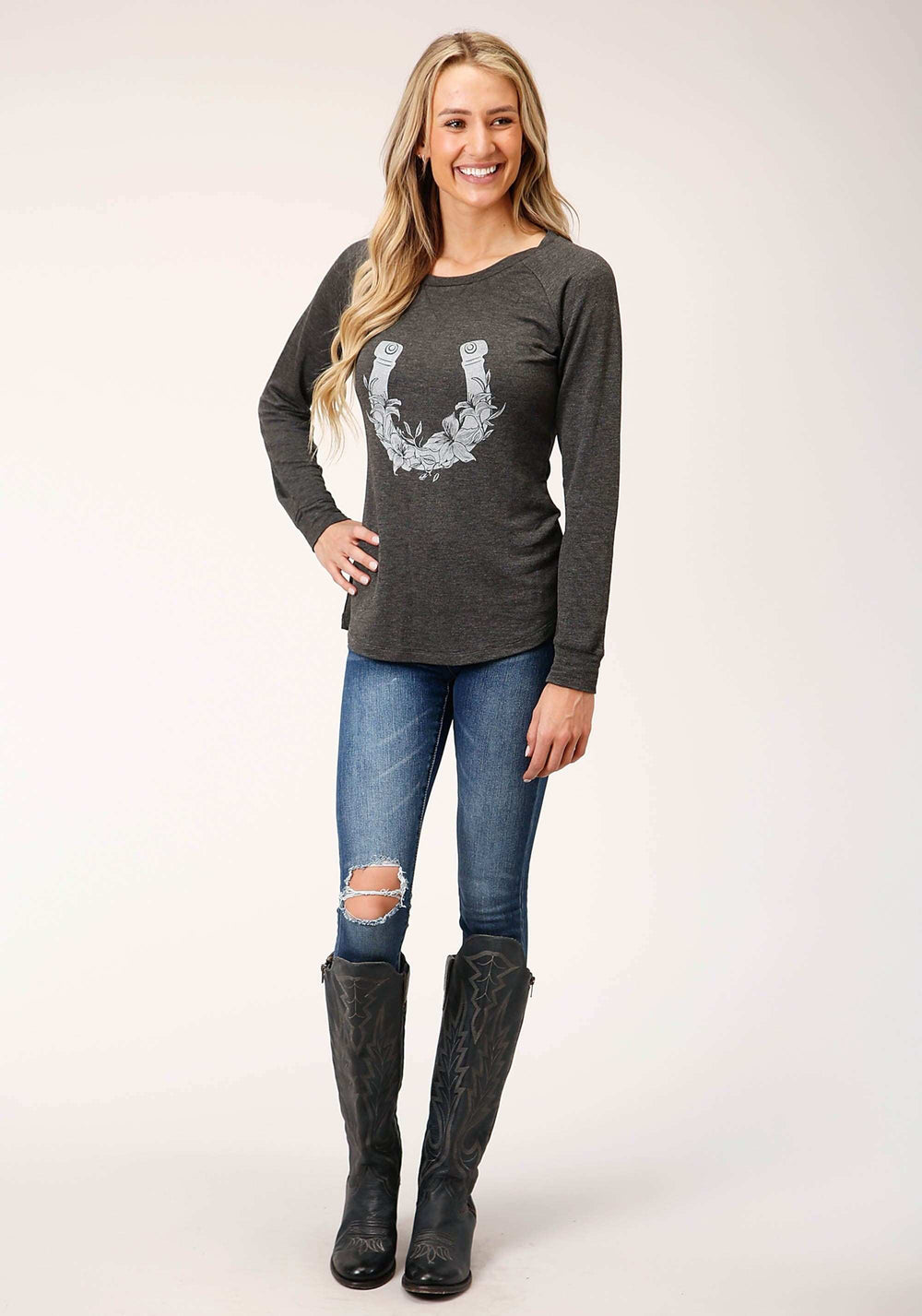 Roper Womens Long Sleeve Knit Charcoal Heahtered Knit Top - Roper - Flyclothing LLC