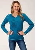 Roper Womens Long Sleeve Knit Ctn Poly Long Sleeve Heathered Turquoise Top - Roper - Flyclothing LLC
