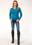Roper Womens Long Sleeve Knit Ctn Poly Long Sleeve Heathered Turquoise Top - Roper - Flyclothing LLC