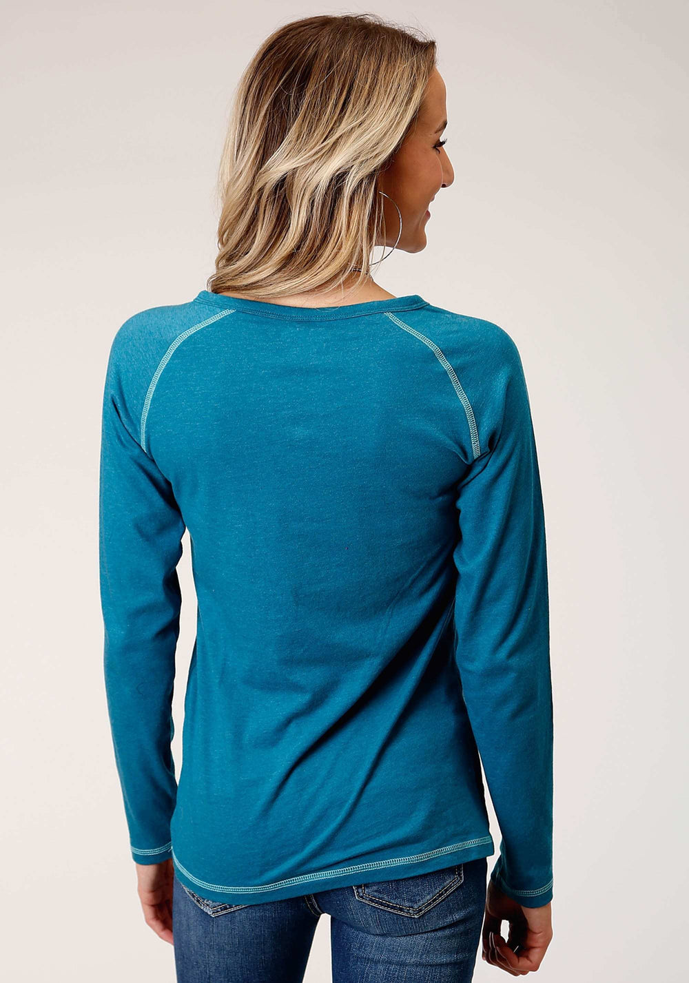 Roper Womens Long Sleeve Knit Ctn Poly Long Sleeve Heathered Turquoise Top - Roper - Flyclothing LLC
