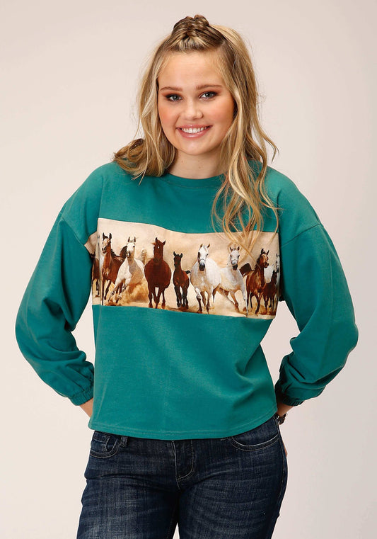Roper Womens Long Sleeve Knit Solid Turquoise French Terry Top - Roper - Flyclothing LLC