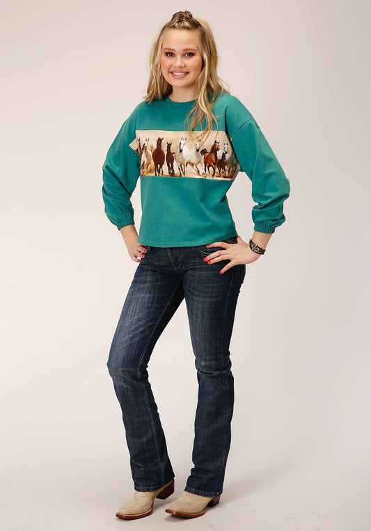 Roper Womens Long Sleeve Knit Solid Turquoise French Terry Top - Roper - Flyclothing LLC