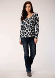 Roper Womens Gray Black And White Leopard Print Long Sleeve Knit Top - Roper - Flyclothing LLC