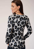 Roper Womens Gray Black And White Leopard Print Long Sleeve Knit Top - Roper - Flyclothing LLC