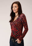 Roper Womens Red Black And Gray Abstract Animal Print Long Sleeve Knit Top - Roper - Flyclothing LLC