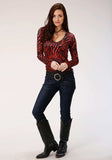 Roper Womens Red Black And Gray Abstract Animal Print Long Sleeve Knit Top - Roper - Flyclothing LLC