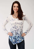 Roper Womens White And Blue Floral Print Long Sleeve Knit Top - Roper - Flyclothing LLC