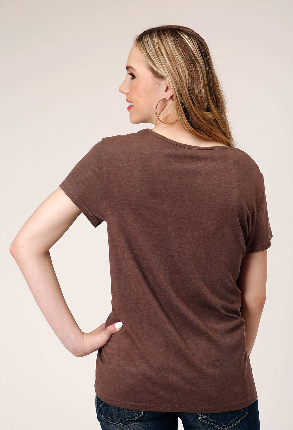 Roper Womens Short Sleeve Knit Dark Brown Poly Rayon Short Sleeve Tee Top - Roper - Flyclothing LLC