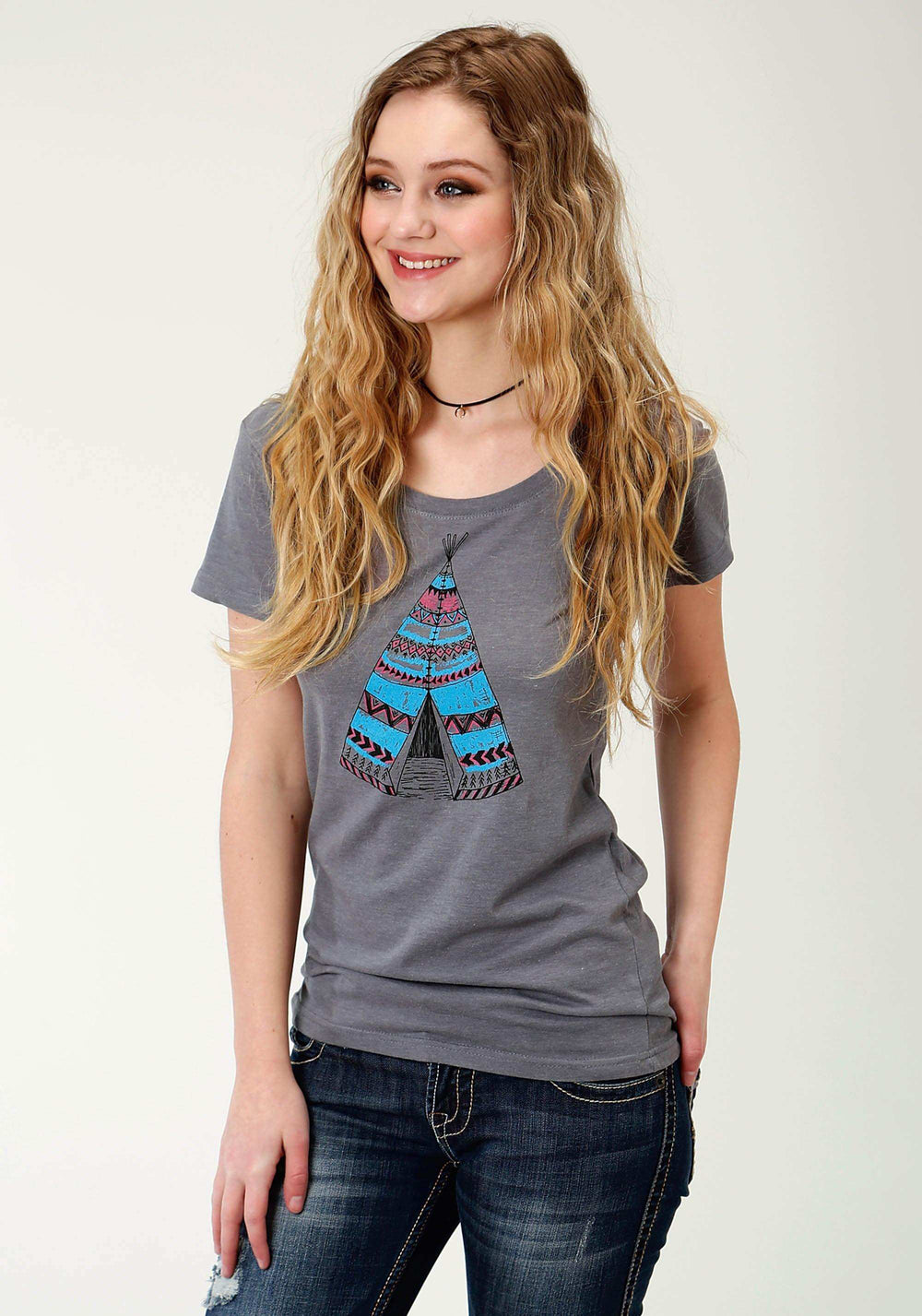 Roper Womens Grey Solid With Teepee Print Short Sleeve Knit Top - Roper - Flyclothing LLC