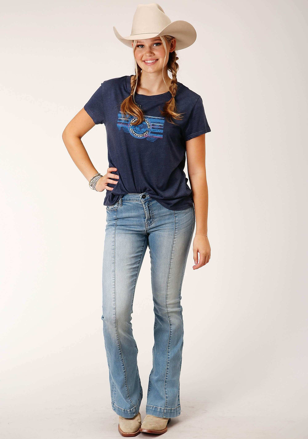 Roper Womens Short Sleeve Knit Poly Rayon Navy Blue Short Sleeve Tee Top - Roper - Flyclothing LLC