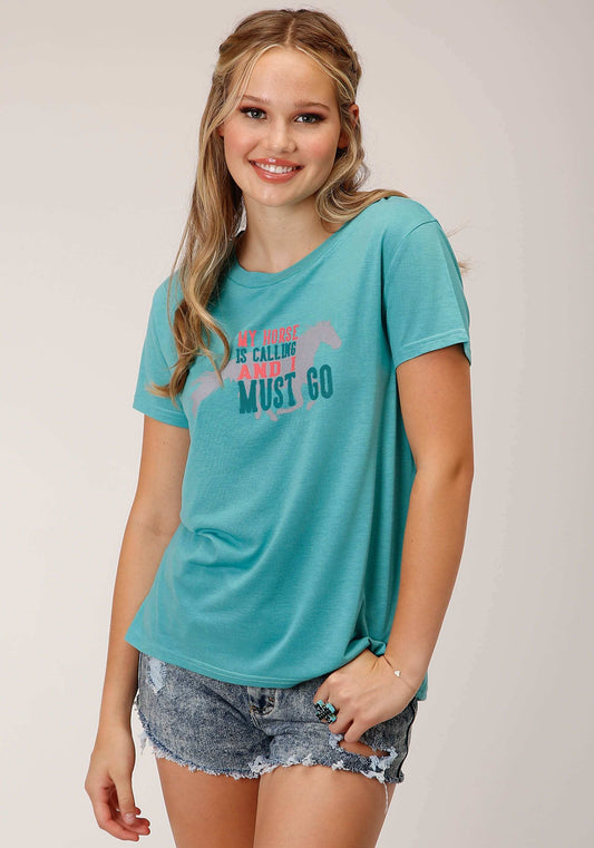 Roper Womens Short Sleeve Knit Turquoise Poly Rayon Short Sleeve Tee Top - Roper - Flyclothing LLC