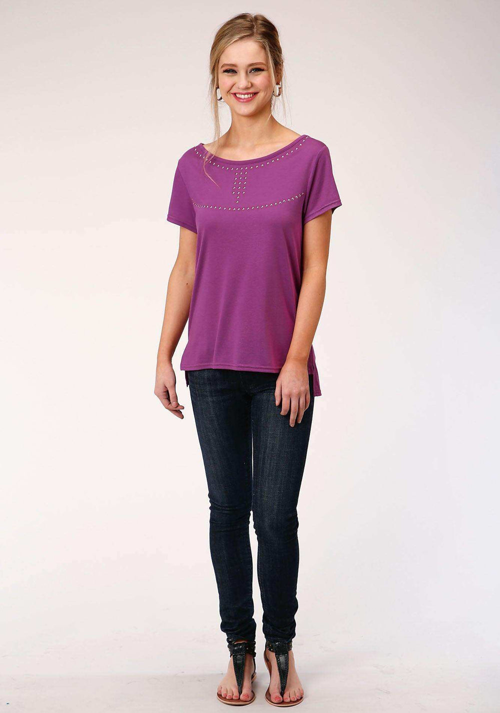 Roper Womens Purple With Copper Stud Embellishment Short Sleeve Knit Top - Roper - Flyclothing LLC