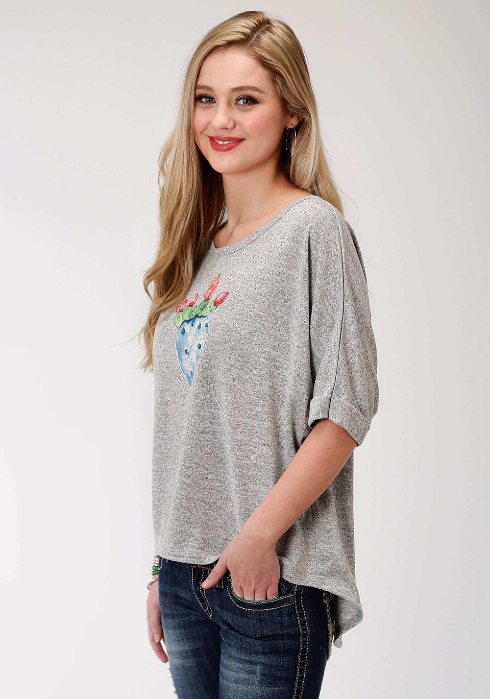 Roper Womens Grey Solid With Screen Print Sweater Short Sleeve Knit Top - Roper - Flyclothing LLC