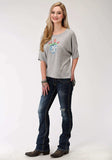 Roper Womens Grey Solid With Screen Print Sweater Short Sleeve Knit Top - Roper - Flyclothing LLC