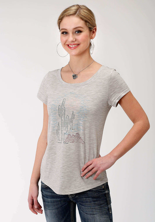 Roper Womens Grey Solid With Cactus Screen Print Short Sleeve Knit Top - Roper - Flyclothing LLC
