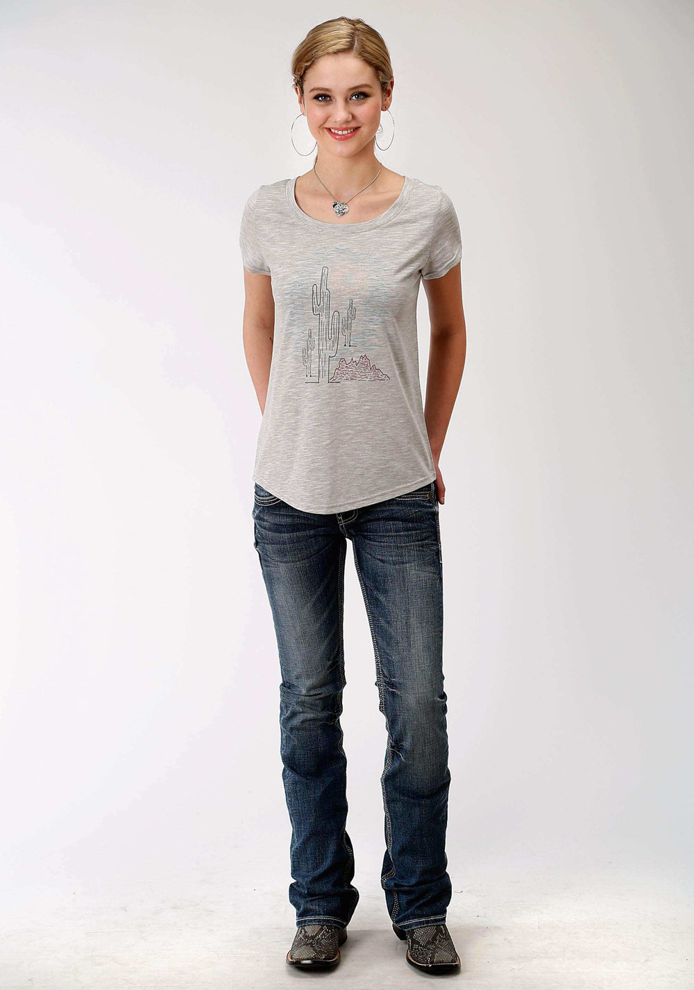 Roper Womens Grey Solid With Cactus Screen Print Short Sleeve Knit Top - Roper - Flyclothing LLC