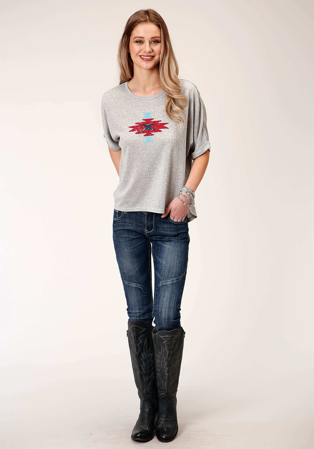 Roper Womens Short Sleeve Knit Heather Grey Sweater Knit Top Top - Roper - Flyclothing LLC