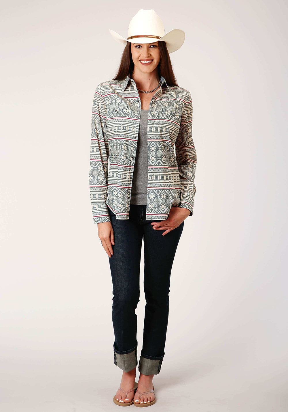 Roper Womens Long Sleeve Snap Tribal Texture Print Western Shirt - Roper - Flyclothing LLC