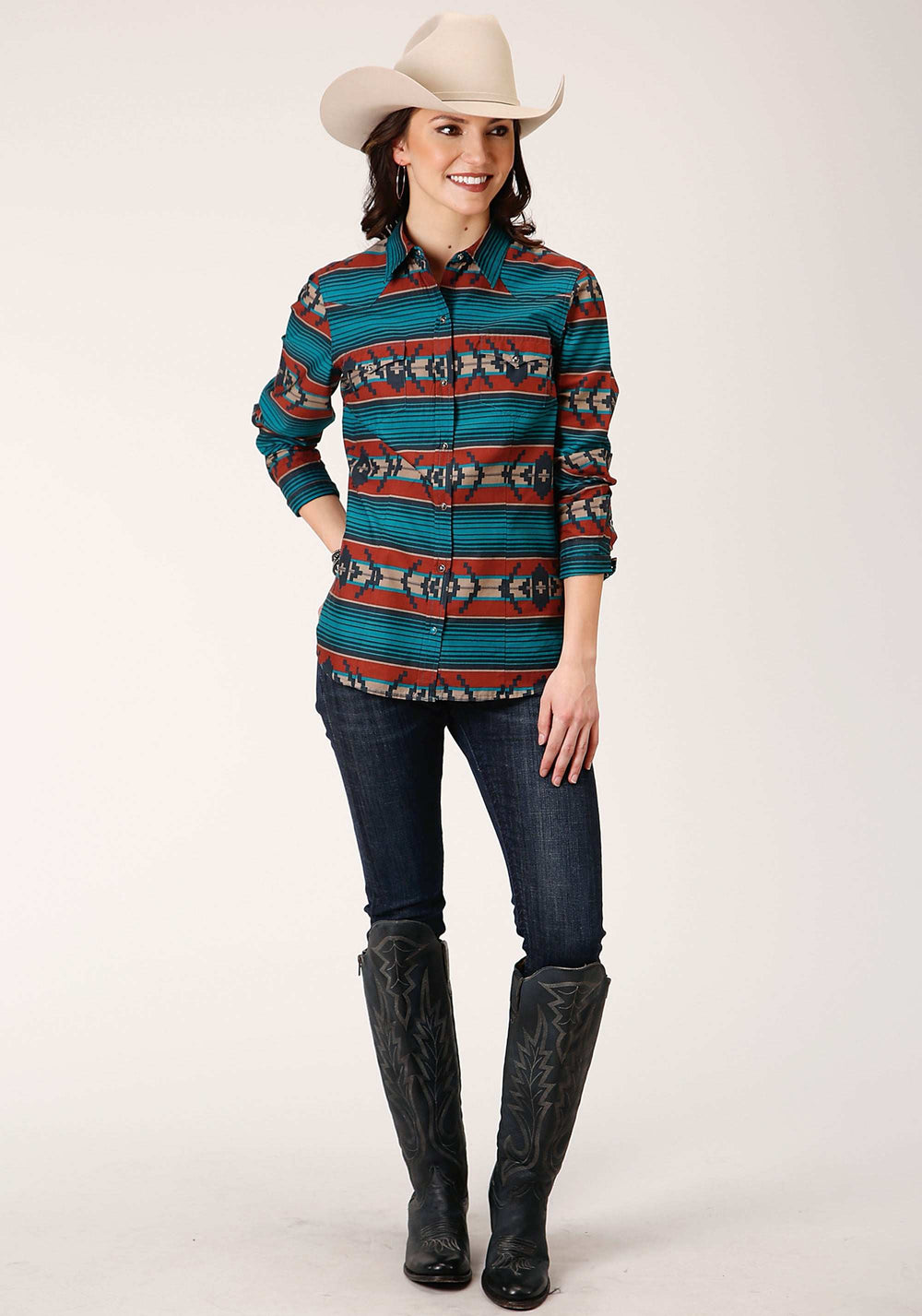 Roper Womens Long Sleeve Snap Ombre Aztec Horizontal Stripe Western Shirt - Roper - Flyclothing LLC