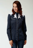 Roper Womens Blue With White Yokes And Stars Long Sleeve Western Snap Shirt - Roper - Flyclothing LLC