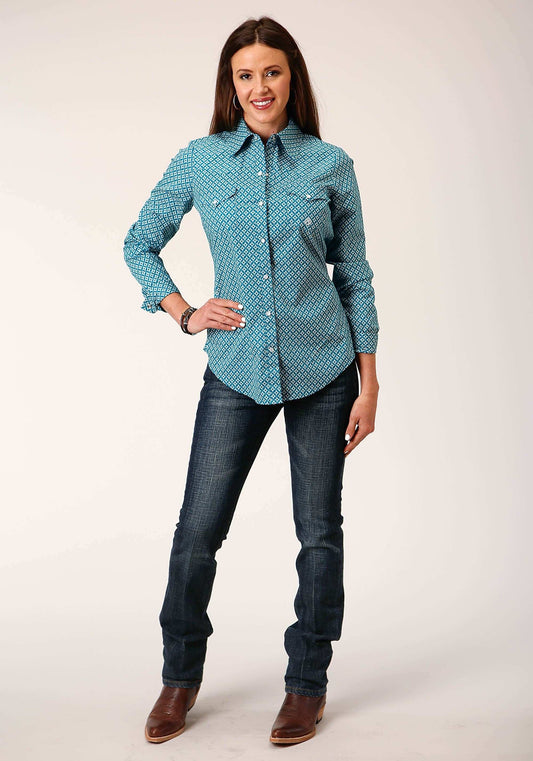 Roper Womens Long Sleeve Snap Diamond Print Turquoise Western Shirt - Roper - Flyclothing LLC