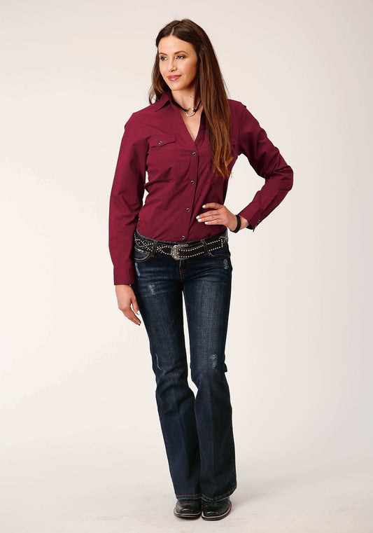 Roper Womens Long Sleeve Snap Black Fill Solid Wine Western Shirt - Roper - Flyclothing LLC