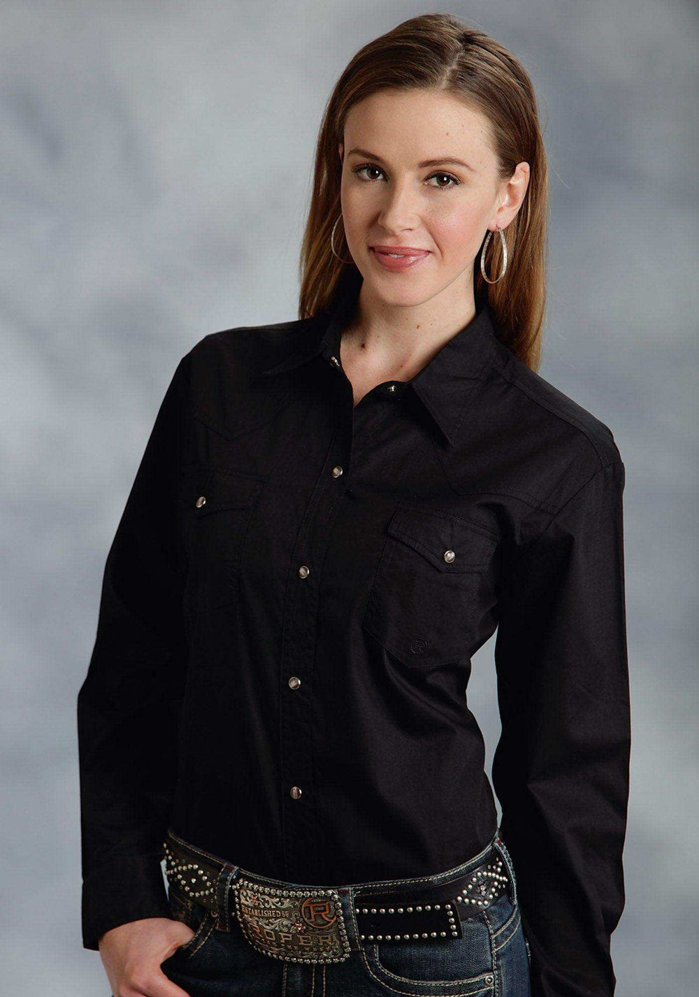 Roper Womens Black Solid Long Sleeve Western Snap Shirt - Roper - Flyclothing LLC