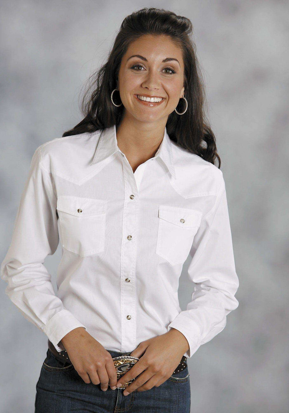 Roper Womens White Solid Long Sleeve Western Snap Shirt - Roper - Flyclothing LLC