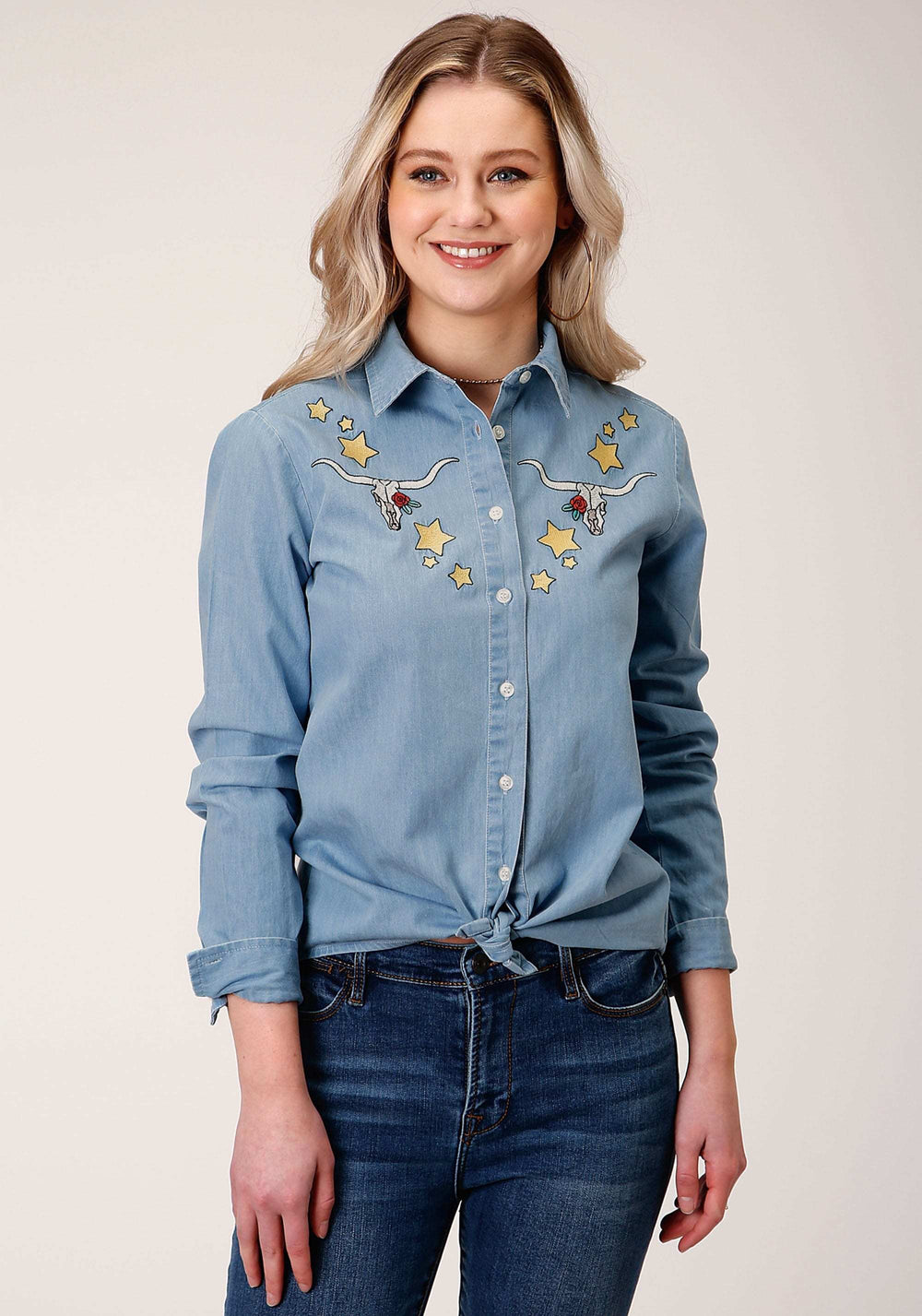 Roper Womens Long Sleeve Button Light Blue Cotton Denim Western Shirt - Roper - Flyclothing LLC