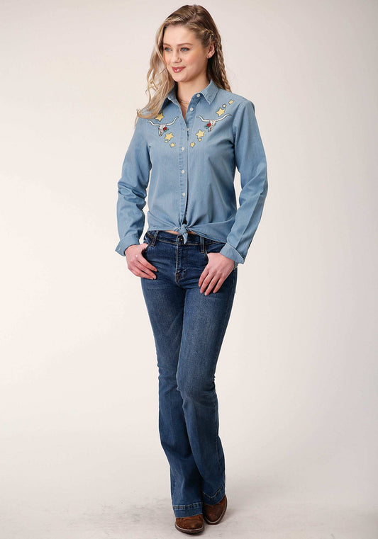 Roper Womens Long Sleeve Button Light Blue Cotton Denim Western Shirt - Roper - Flyclothing LLC