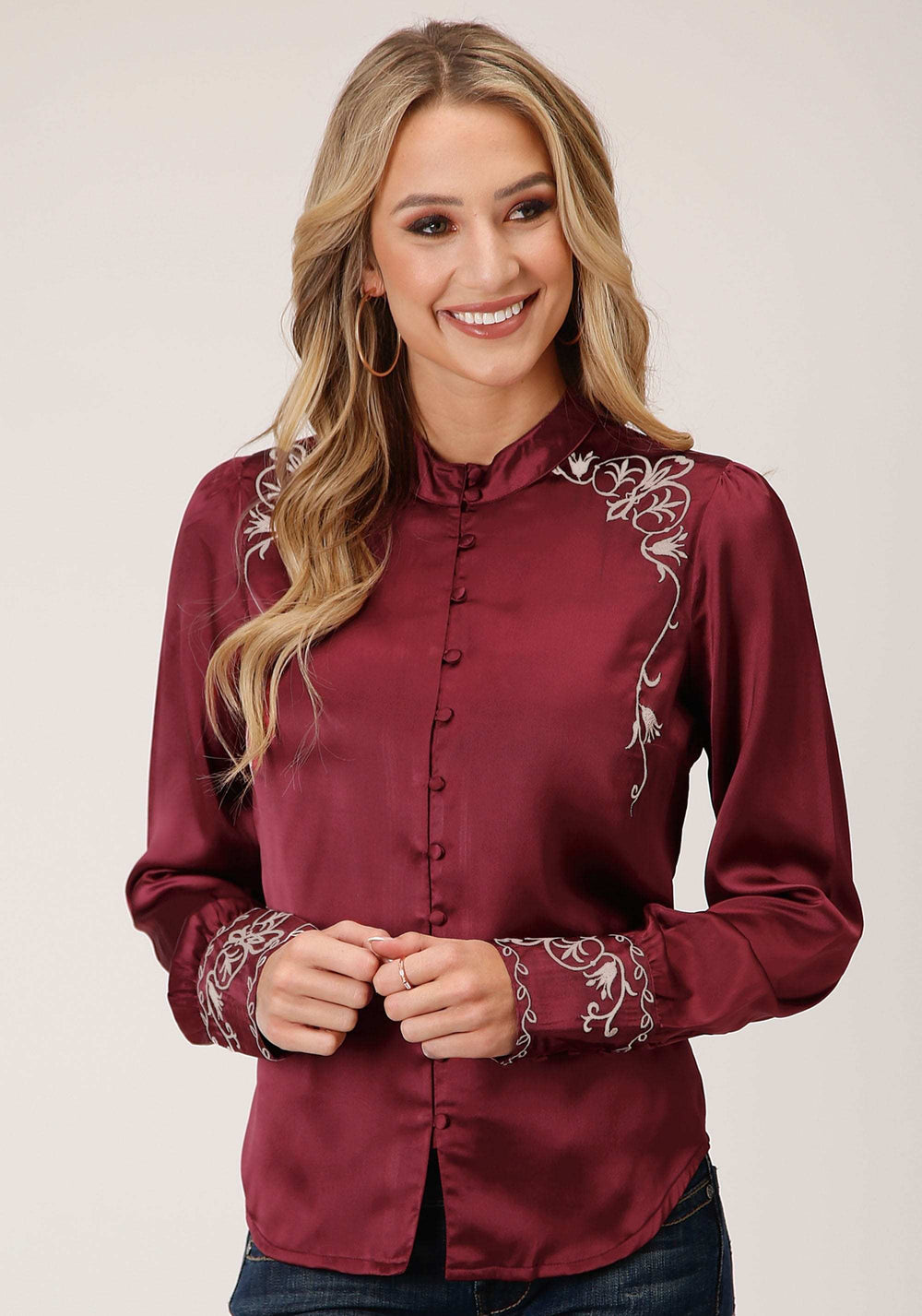 Roper Womens Long Sleeve Wine Poly Satin Btn Frt Blouse - Roper - Flyclothing LLC