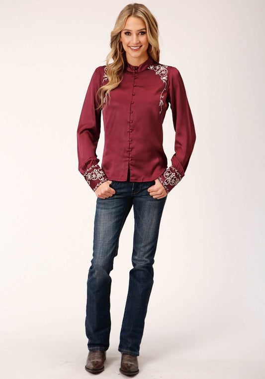 Roper Womens Long Sleeve Wine Poly Satin Btn Frt Blouse - Roper - Flyclothing LLC