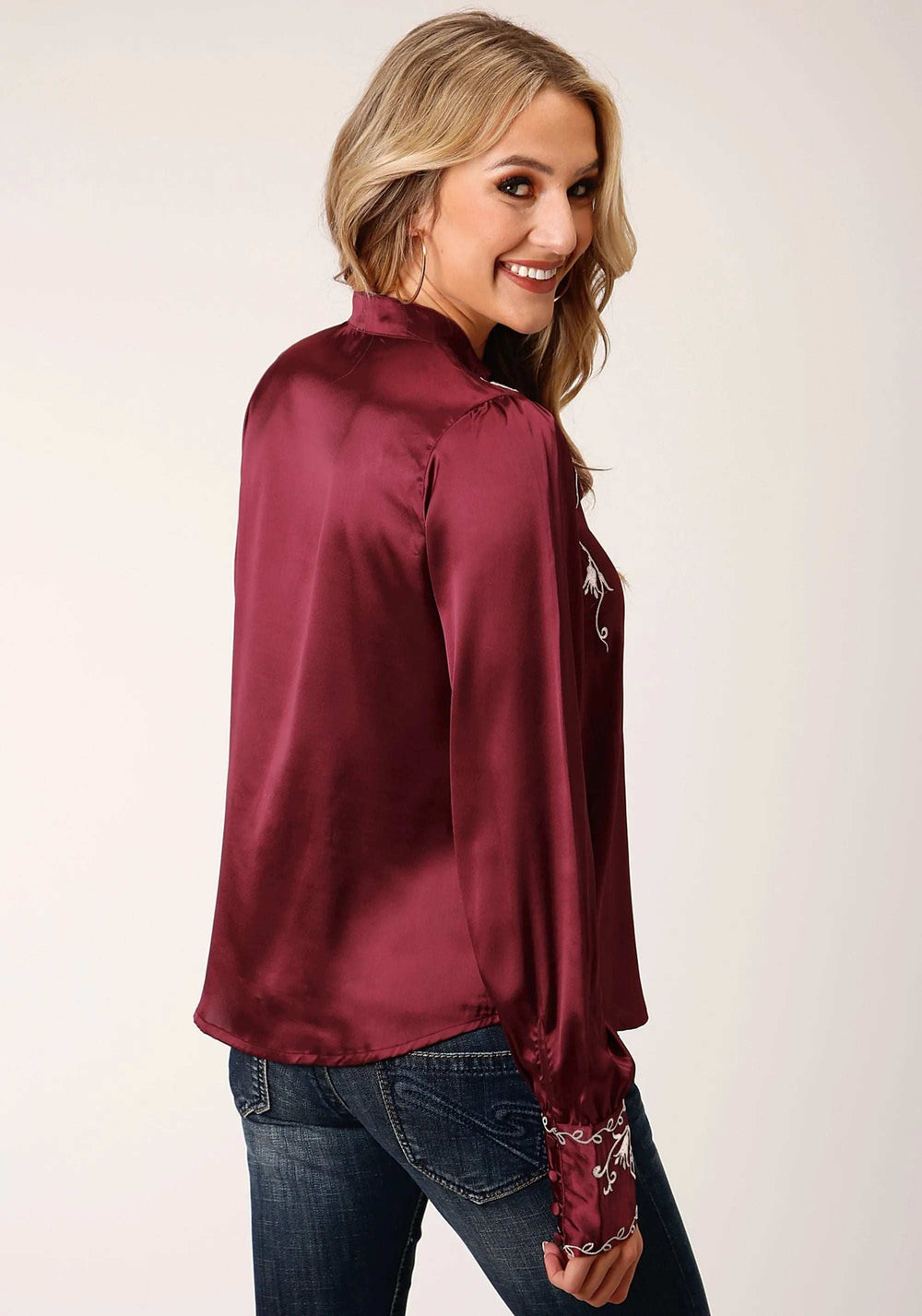 Roper Womens Long Sleeve Wine Poly Satin Btn Frt Blouse - Roper - Flyclothing LLC