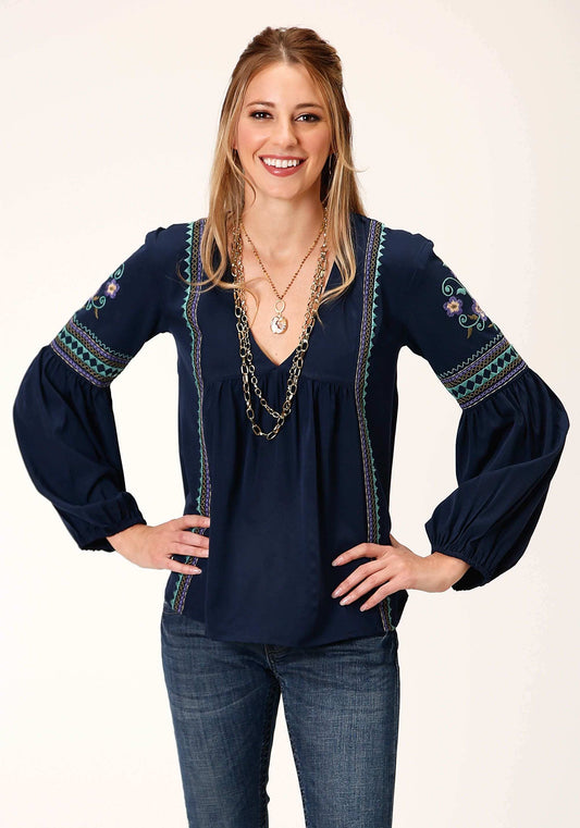 Roper Womens Long Sleeve Poly Crepe V Neck Peasant Blouse - Roper - Flyclothing LLC