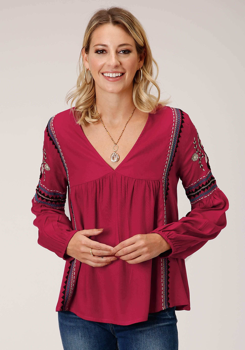 Roper Womens Long Sleeve Raspberry Solid Rayon Challis Blouse - Roper - Flyclothing LLC