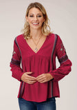 Roper Womens Long Sleeve Raspberry Solid Rayon Challis Blouse - Roper - Flyclothing LLC