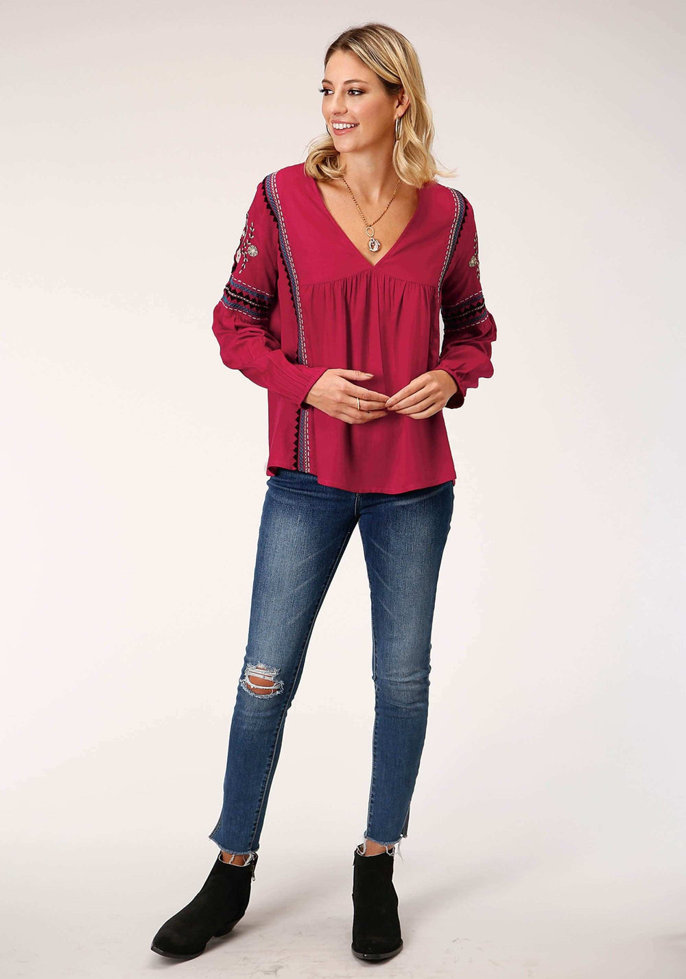 Roper Womens Long Sleeve Raspberry Solid Rayon Challis Blouse - Roper - Flyclothing LLC