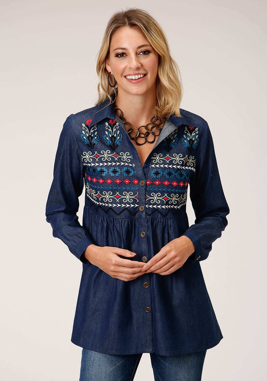 Roper Womens Long Sleeve Indigo Denim Tunic Blouse - Roper - Flyclothing LLC