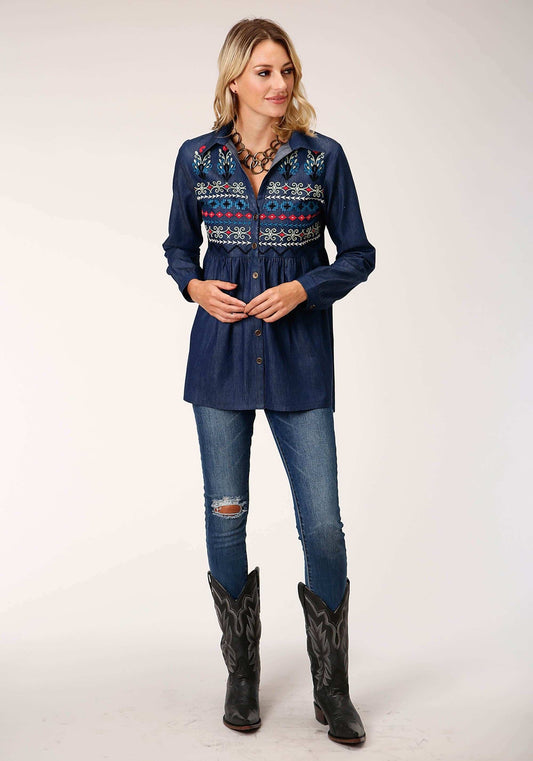 Roper Womens Long Sleeve Indigo Denim Tunic Blouse - Roper - Flyclothing LLC