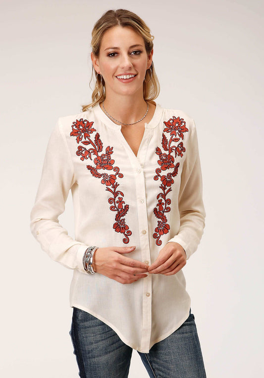Roper Womens Long Sleeve Cream Solid Rayon Challis Blouse - Roper - Flyclothing LLC